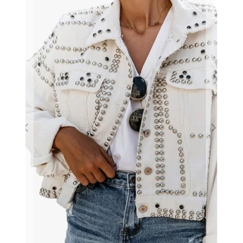 Other Before You With Love Olive Green Studded Crop Denim Jacket M Size M / US 6-8 / IT 42-44 - 7 Thumbnail
