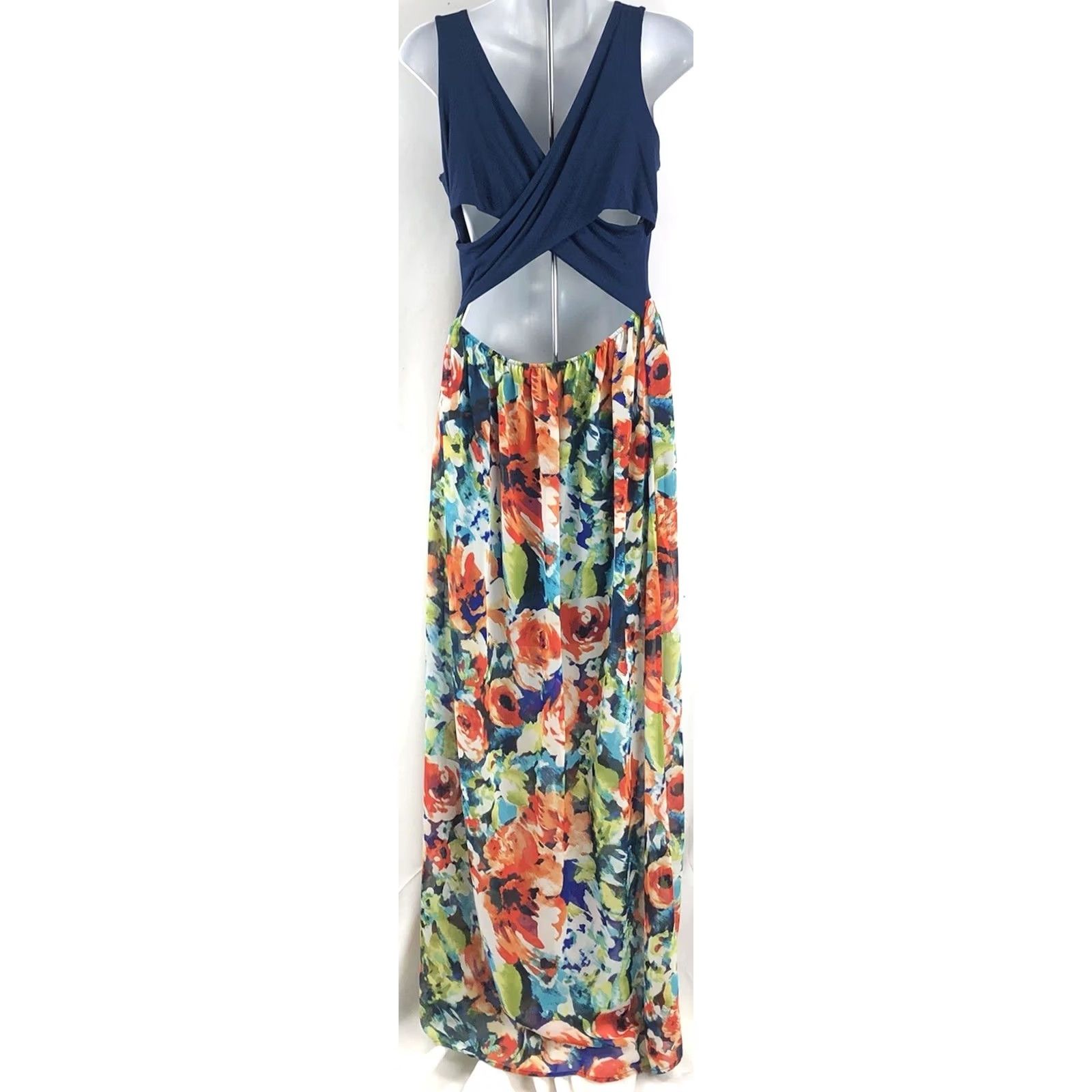 Vintage Boutique Maxi Tank Dress L Blue Floral Chiffon Crisscross Beach Sun Dress Size L / US 10 / IT 46 - 3 Thumbnail