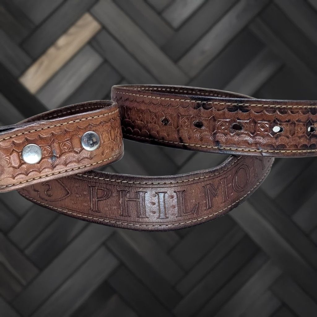 Vintage VINTAGE Handcrafted Western Belt Tooled Buckle 1-1/2" Brown Leather Full Grain Cowhide 32 Men Size 32 - 1 Thumbnail