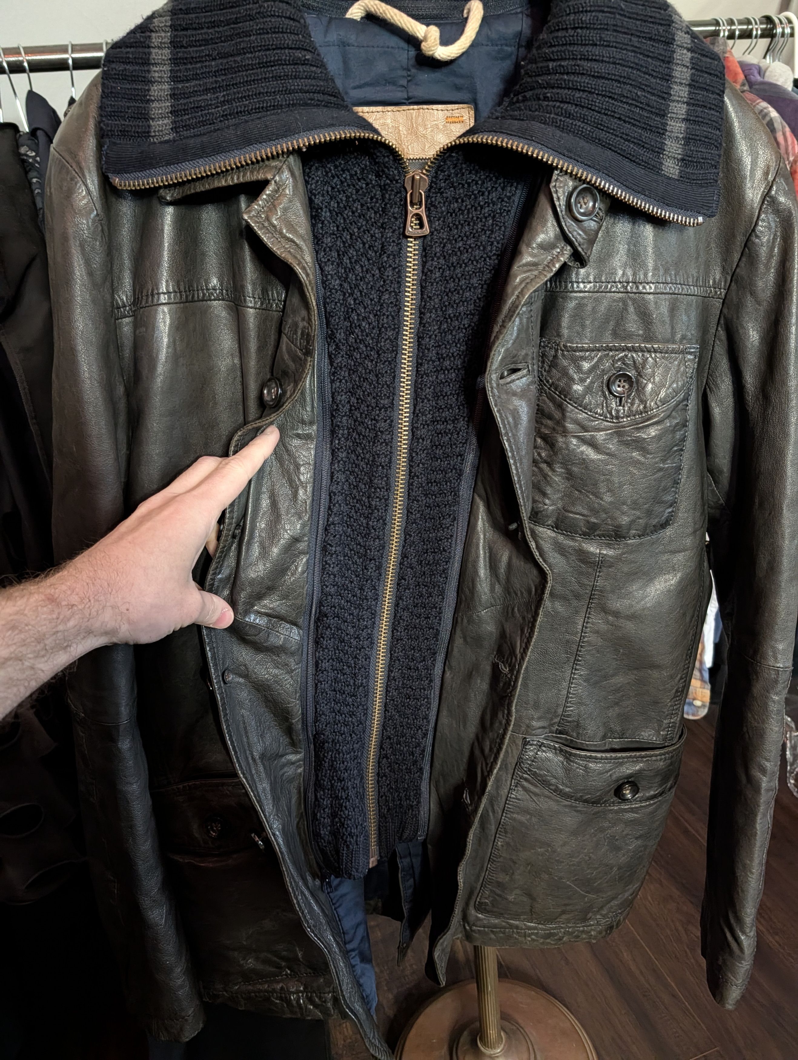 Hugo Boss Hybrid brown leather navy knit insert Thermore lined jacket Size US L / EU 52-54 / 3 - 6 Thumbnail