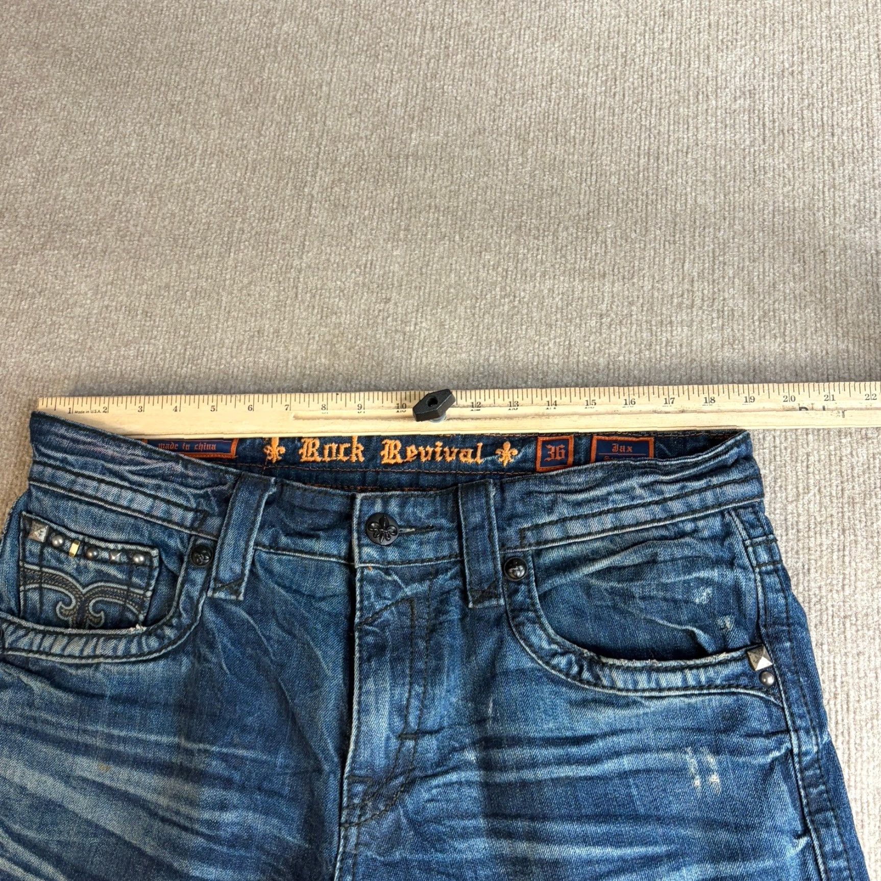 Vintage Rock Revival Jeans Mens 38 x 32 Blue Distressed 100% Cotton Jax Denim 5-Pocket Straight Inseam 32.0 Size US 38 / EU 54 - 5 Thumbnail