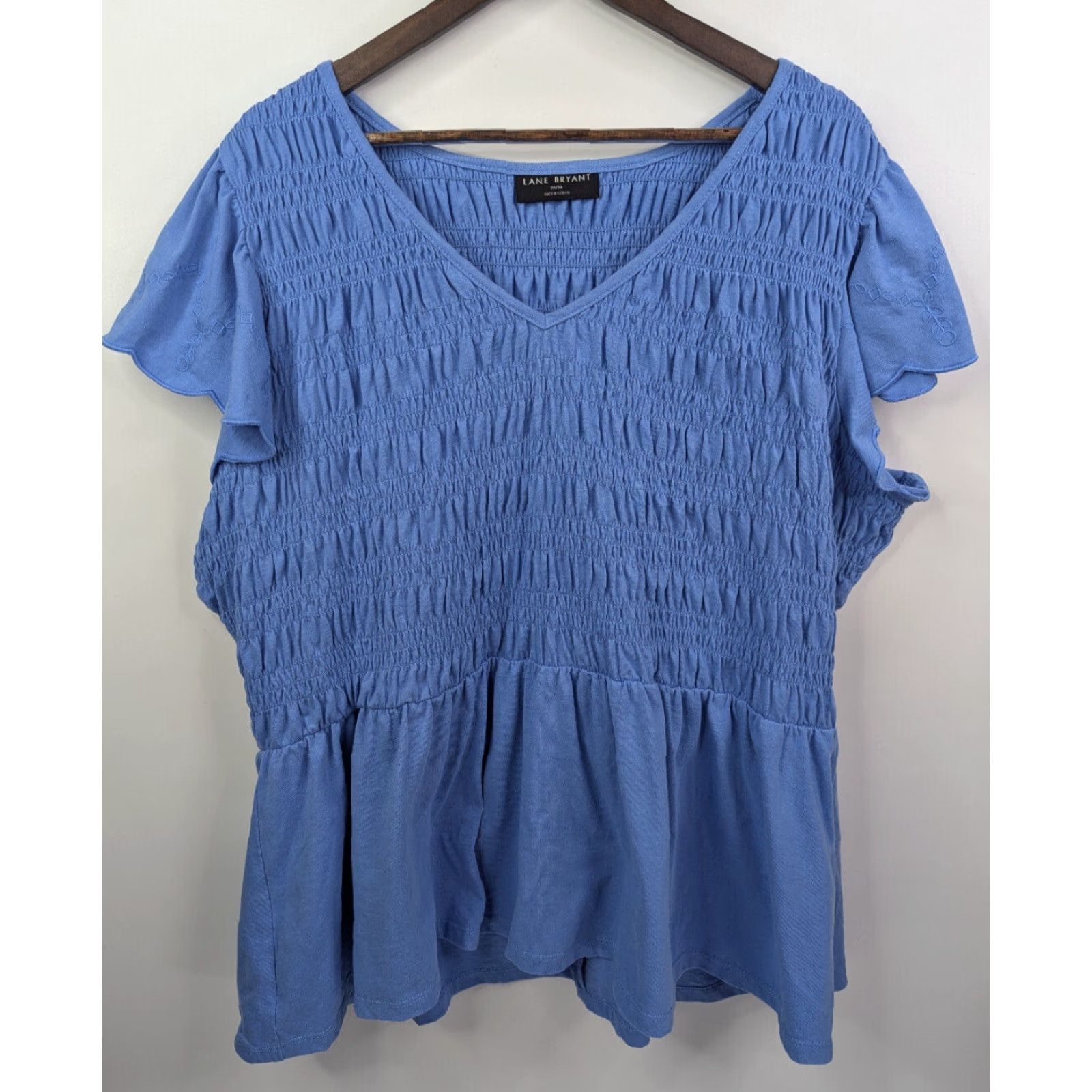 Vintage Lane Bryant Women's Blouse Shirt V-Neck Flutter Sleeve Smocked Peplum Top Size 26/28 Blue) Size 4XL / US 24-26 - 2 Thumbnail