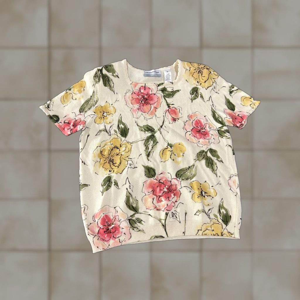 Vintage Alfred Dunner Blouse Womens Petite Medium Beige Floral Short Sleeve Crew Neck Pullover Knit Cotton Ramie Regular Stretch Vintage No N/A Size M / US 6-8 / IT 42-44 - 1 Thumbnail
