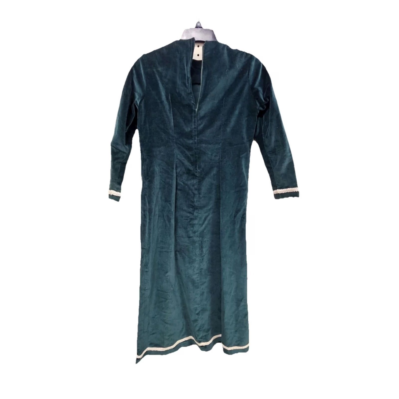 Velvet VINTAGE 60s 70s Emerald Green Velvet Mod Shift Dress White Trim 3/4 Sleeve Holiday S/M Womens Size S / US 4 / IT 40 - 3 Thumbnail