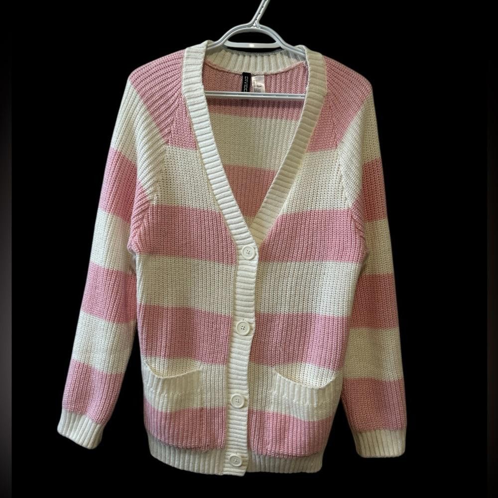 Divided Pink and White Striped Knit Cardigan Sweater Size S / US 4 / IT 40 - 1 Thumbnail