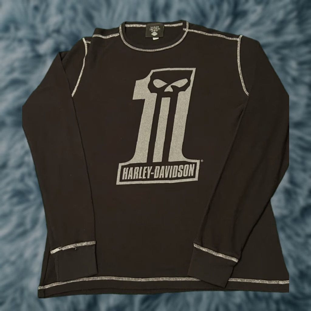 Harley Davidson VINTAGE Harley-Davidson Long Sleeve Thermal Shirt L Biker Skull Logo 90s Y2K Black Mens Size US L / EU 52-54 / 3 - 1 Thumbnail