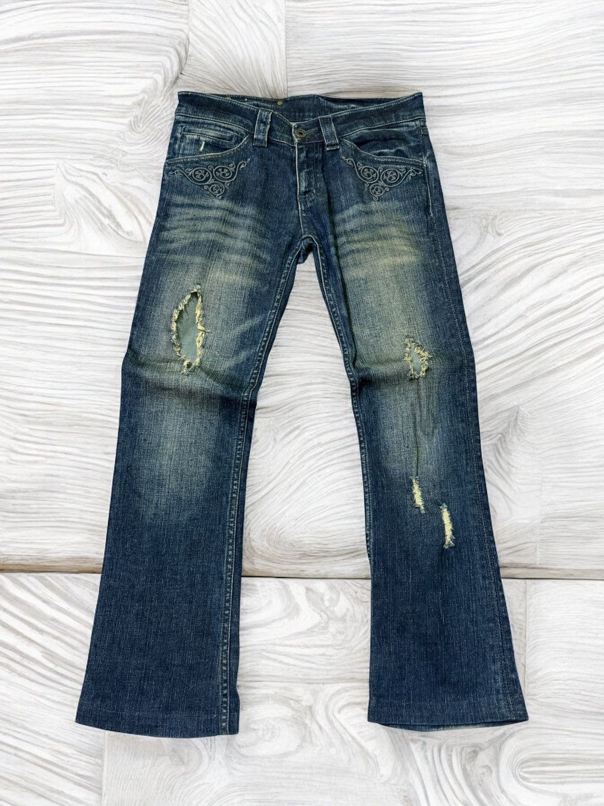 If Six Was Nine Flared Buffalo Jeans Embroidered Distress Low Waist Denim Size US 29 - 1 Thumbnail
