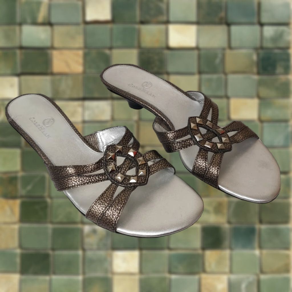Cole Haan Women's Low Heel Shoes Sandals Size 8.5 Metallic Silver Snake Skin Studded Pumps