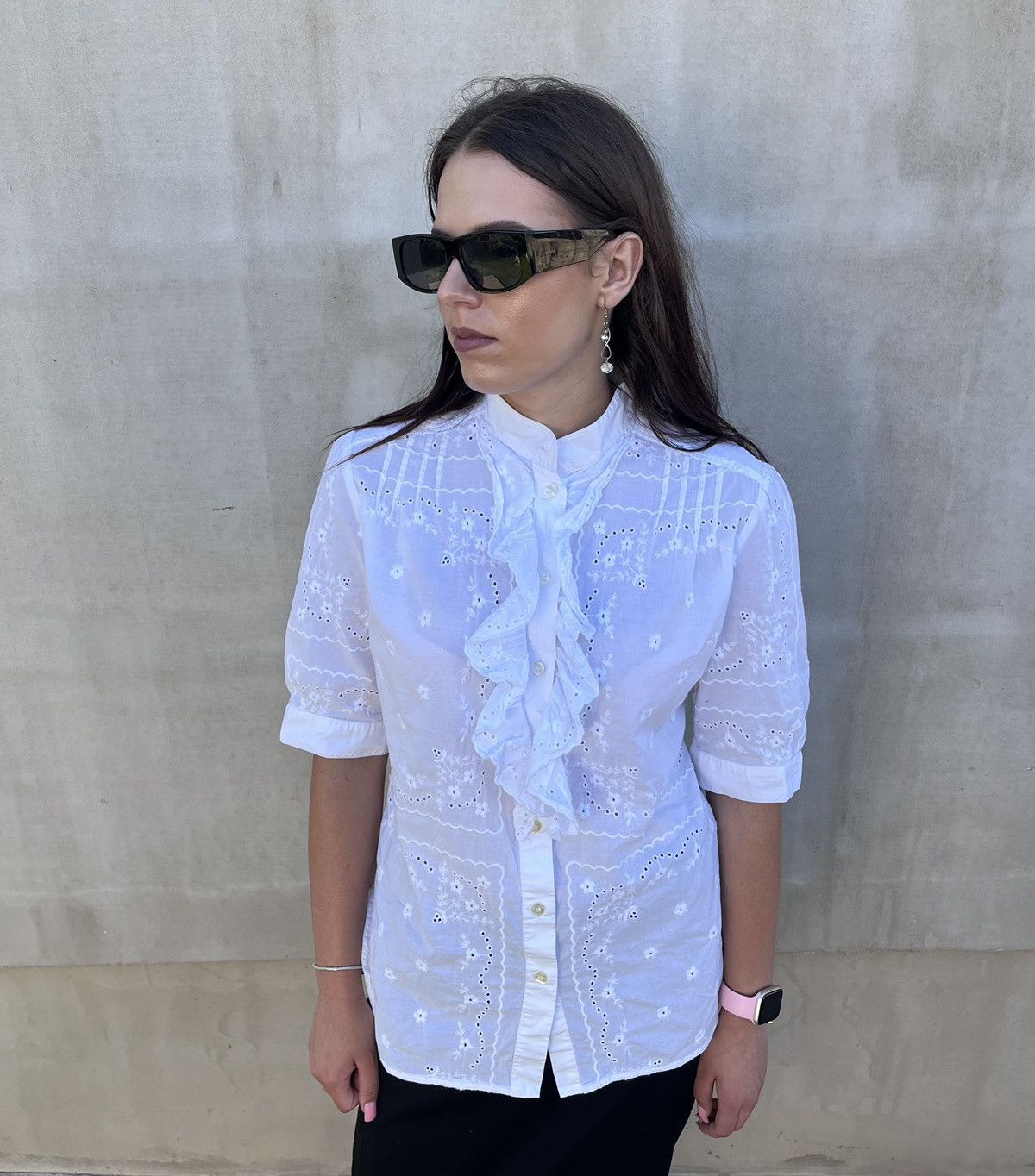 Dolce & Gabbana Dolce & Gabbana White Eyelet Embroidered Blouse Ruffle Front Size M / US 6-8 / IT 42-44 - 2 Thumbnail