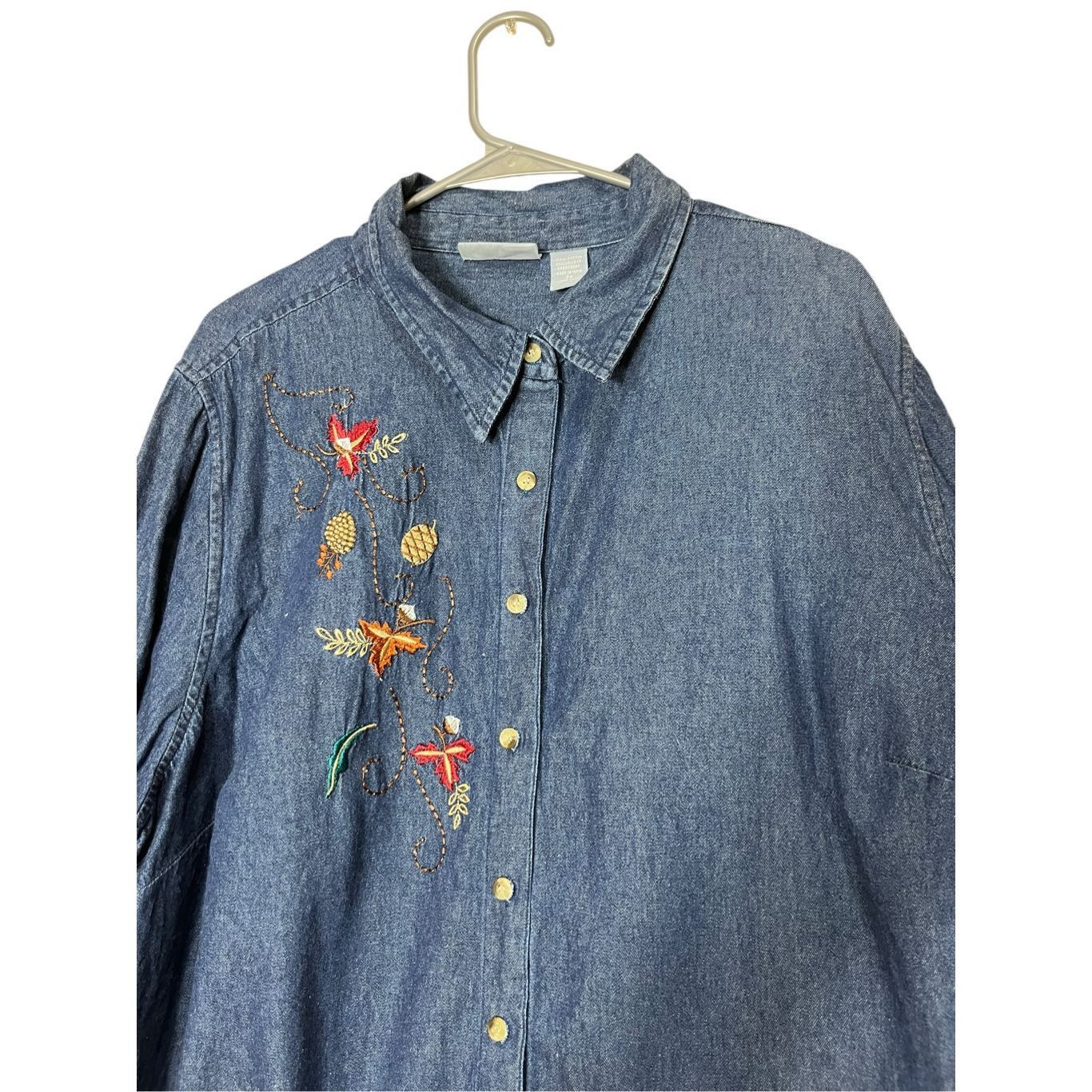 Other Vintage Liz & Me Fall Autumn Embroidered Leaves Denim Button Down Shirt Size 2X Size 3XL / US 20-22 - 2 Thumbnail