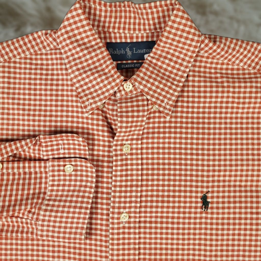 Ralph Lauren VINTAGE Ralph Lauren Shirt Mens Medium Orange Check Pony Button Up Long Sleeve Size US M / EU 48-50 / 2 - 1 Thumbnail