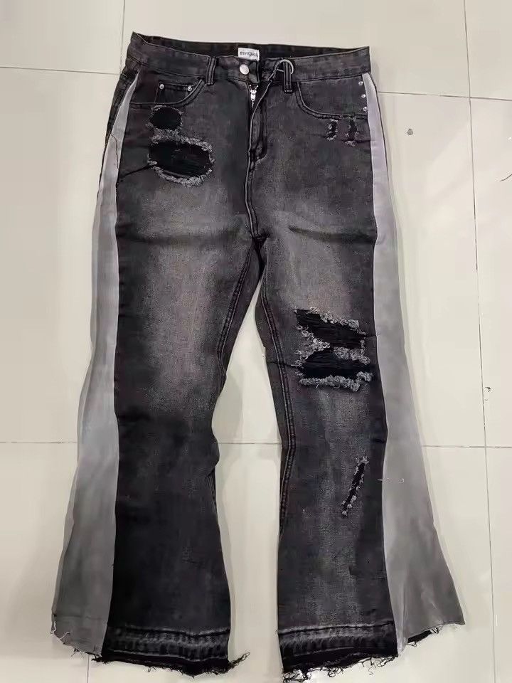 Japanese Brand Frayed Patchwork Embroidery Micro Flared Jean Size US 34 / EU 50 - 7 Thumbnail