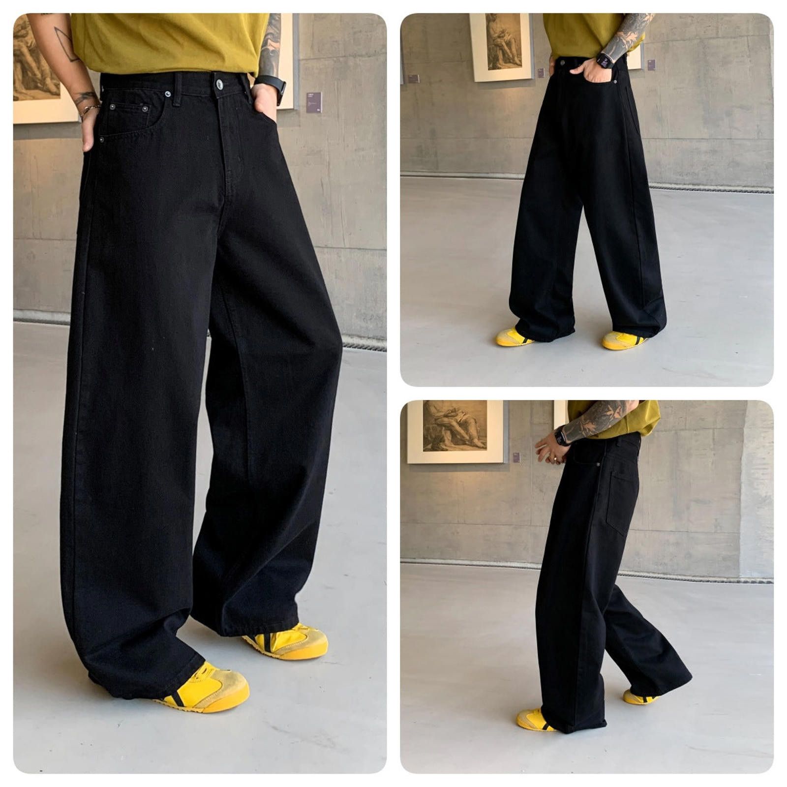 Vintage Black Wide Leg Denim Jeans, Loose Fit Casual Pants Size US 30 / EU 46 - 2 Thumbnail