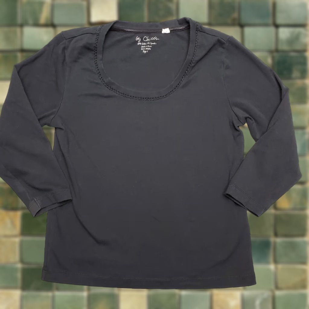 Vintage Chicos Shirt Women 8 Black Cotton Blend Long Sleeve Casual TEE Shirt Size M / US 6-8 / IT 42-44 - 1 Thumbnail