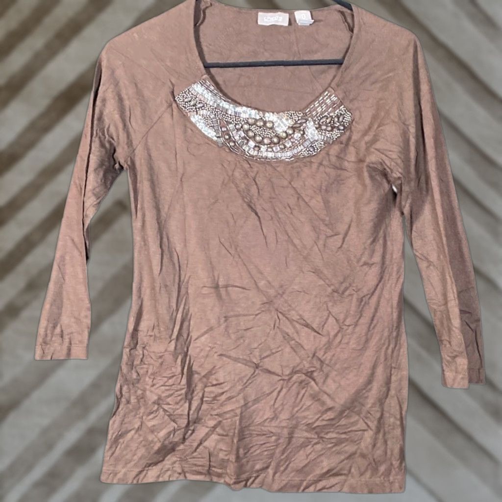 Vintage Chico's Bejeweled Crew Neck 3/4 Sleeve Modal Blend Shirt S Brown Womens Size S / US 4 / IT 40 - 1 Thumbnail