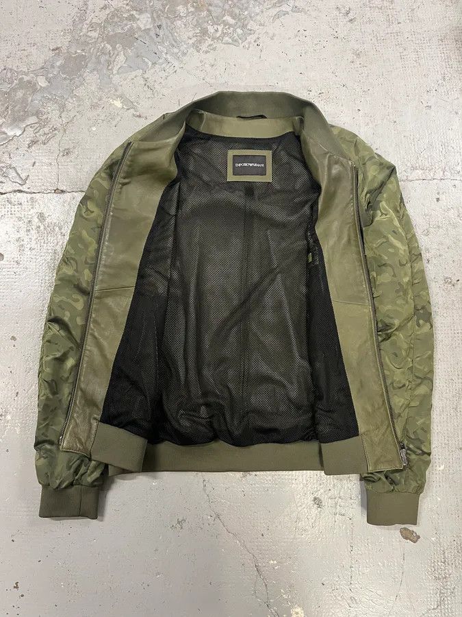 Emporio Armani SS2017 Emporio Armani Camo Sleeves Green Leather Bomber Jacket Size US M / EU 48-50 / 2 - 7 Thumbnail