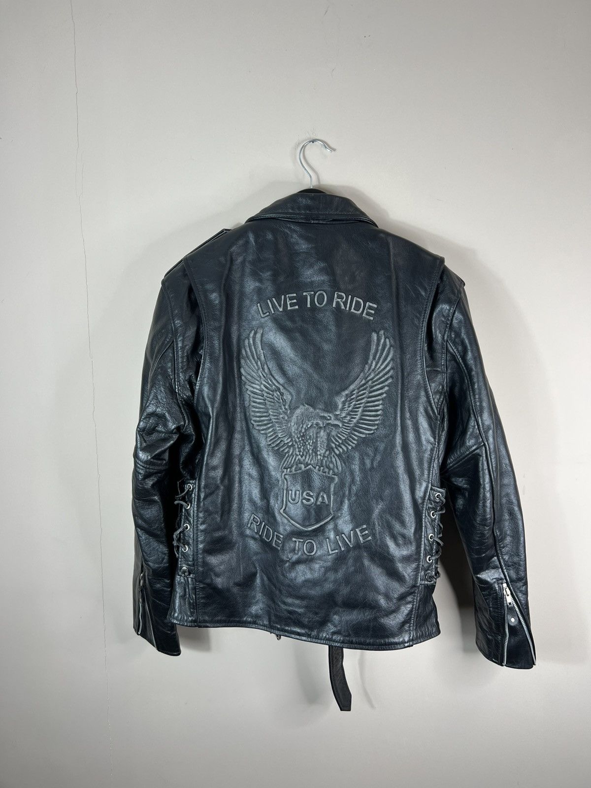 Vintage 🖤VINTAGE LEATHER BIKER RICK OWENS USA🇺🇸 LIVE TO ROAD 🔥JACKET Size US L / EU 52-54 / 3 - 6 Thumbnail