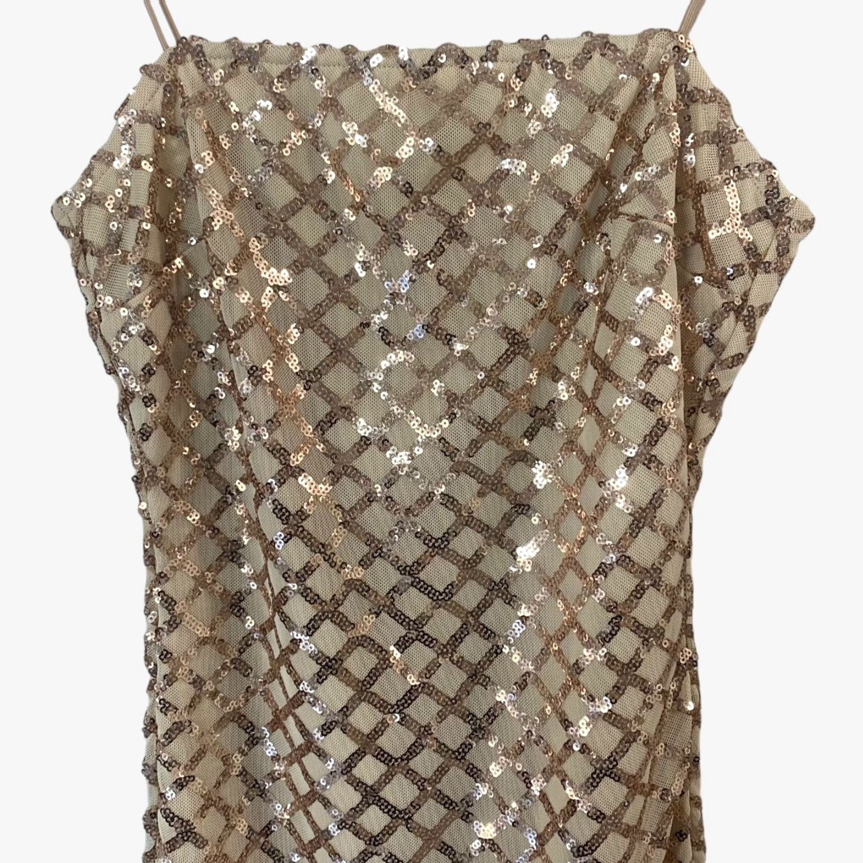 PrettyLittleThing VINTAGE Pretty Little Thing Rose Gold Strappy Sequin Dress Bodycon Straight Womens O Size XS / US 0-2 / IT 36-38 - 5 Thumbnail