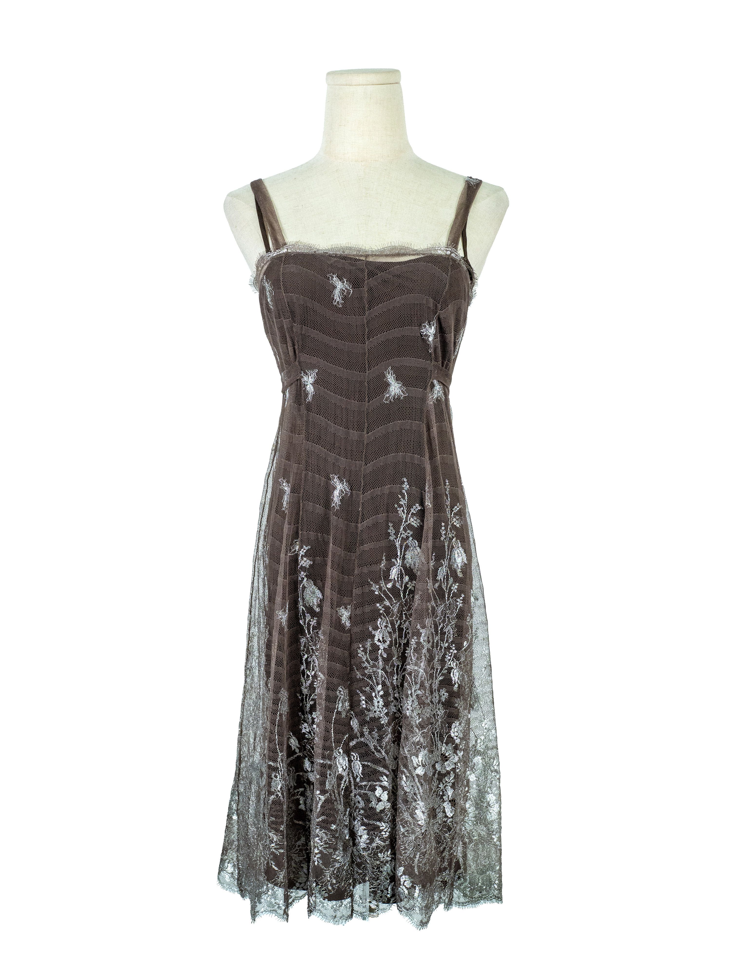 Anna Molinari Anna Molinari Taupe Slip Dress In Silver Lace Size S / US 4 / IT 40 - 1 Thumbnail