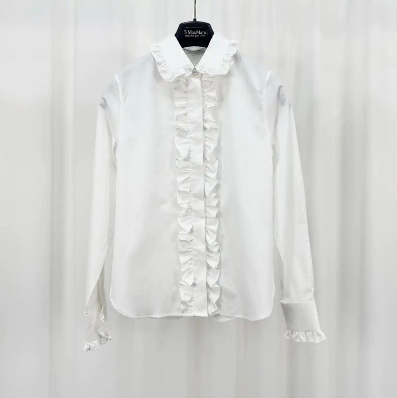 Yves Saint Laurent YSL White Ruffled Long Sleeve Shirt for Women 0089 Size XS / US 0-2 / IT 36-38 - 1 Thumbnail