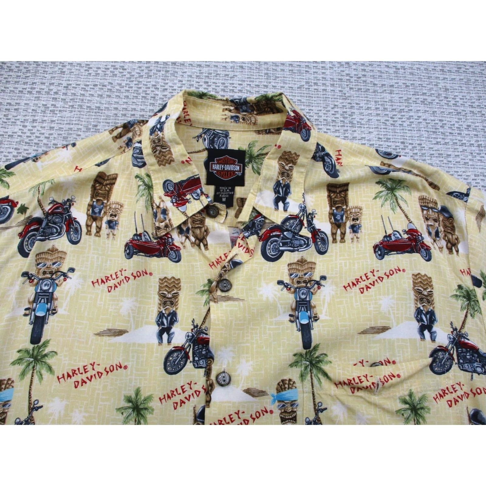 Harley Davidson Harley-Davidson Shirt Mens M Hawaiian Tiki Motorcycle Palm Tree Aloha Rayon USA Yellow Graphic Print Casual VintageSummer 70s? Size US M / EU 48-50 / 2 - 5 Thumbnail