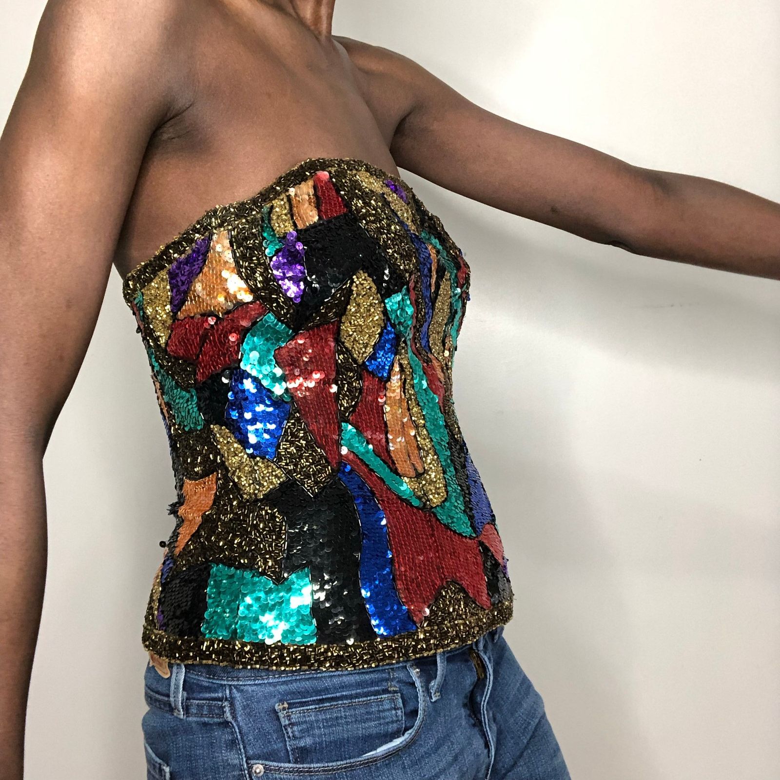 Oleg Cassini VTG Oleg Cassini Black Tie Silk Beaded Sequin Corset Size M / US 6-8 / IT 42-44 - 8 Thumbnail