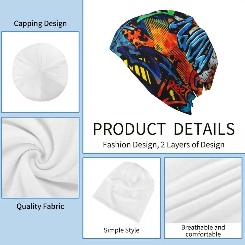 Vintage Bonnet Hats Graffiti Art Pattern Thin Skullies Beanies Hat Size ONE SIZE - 6 Thumbnail