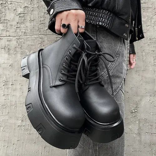 VIBE Chunky Sole Leather Boots - Lace-Up Design, Black Size US 10 / EU 43 - 4 Thumbnail