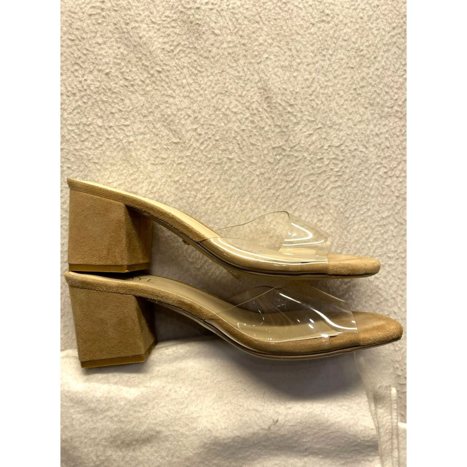 Vintage Raye Block Heel Mule Sandals Womens 8.5 Clear Tan Suede Slip-On Open Toe Brown 3-inch #5844 Size US 9 / IT 39 - 3 Thumbnail