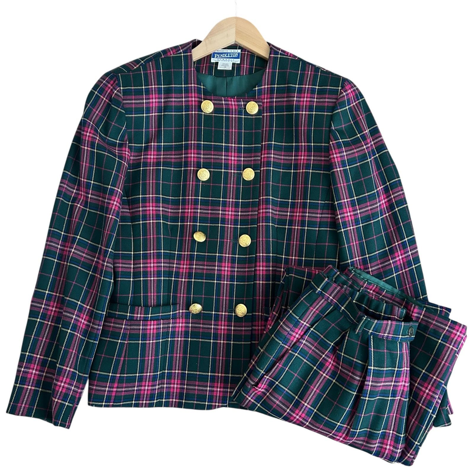 Pendleton Vintage 90s Pendleton 100% Wool Pink Green Plaid Suit Set 10 Size 32" / US 10 / IT 46 - 1 Thumbnail