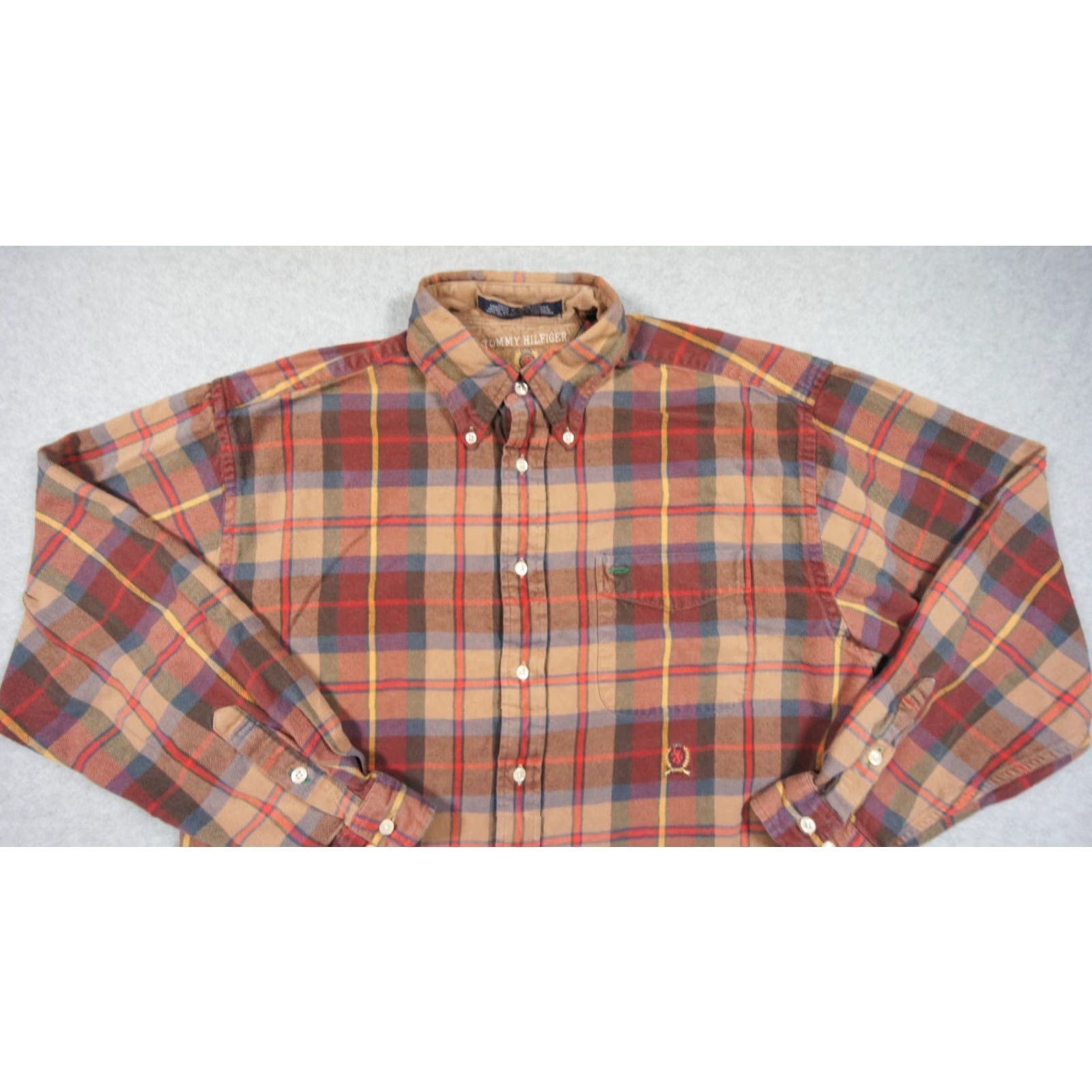 Tommy Hilfiger VINTAGE Tommy Hilfiger Button-Up Shirt Mens Medium Brown Long Sleeve Crest Logo 90s Size US M / EU 48-50 / 2 - 2 Thumbnail
