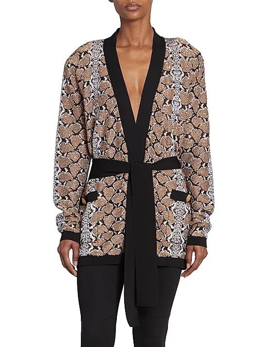 Balmain o1s1wg110825 Python Print Belted Cardigan in Brown Size L / US 10 / IT 46 - 2 Thumbnail