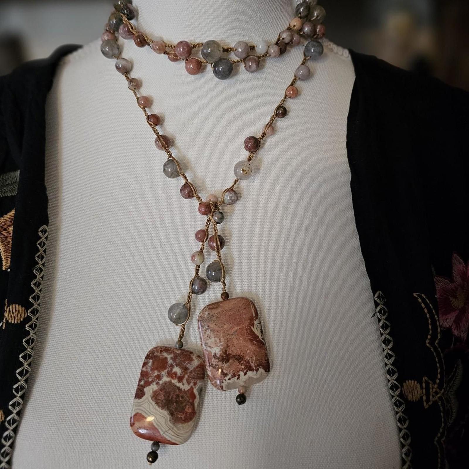 Designer Handmade Lariat Style Red Giraffe Jasper Necklace Size ONE SIZE - 1 Thumbnail