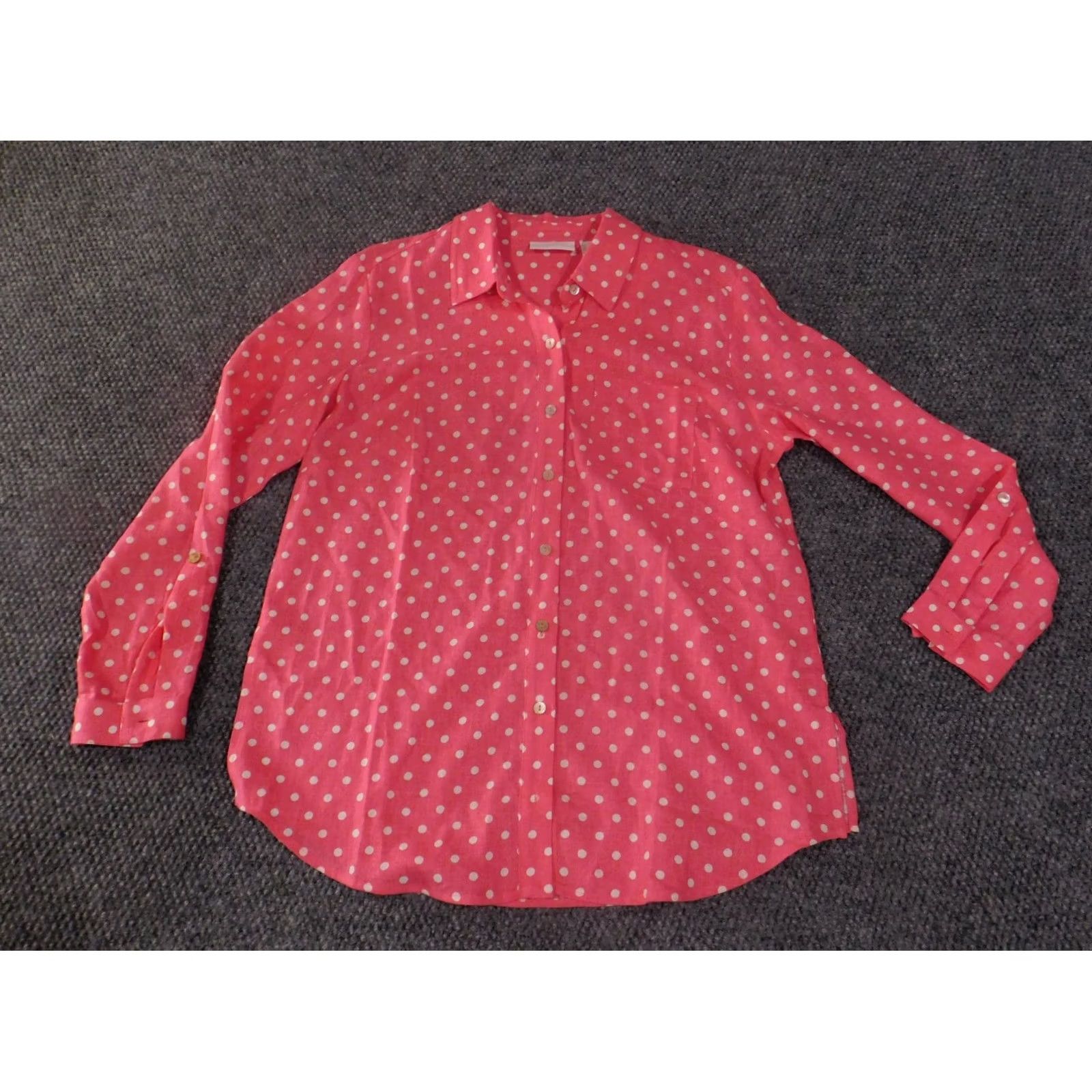 Vintage Susan Graver Blouse Womens PS Pink Linen Button Front Polka Dot Collared Casual Size S / US 4 / IT 40 - 2 Thumbnail