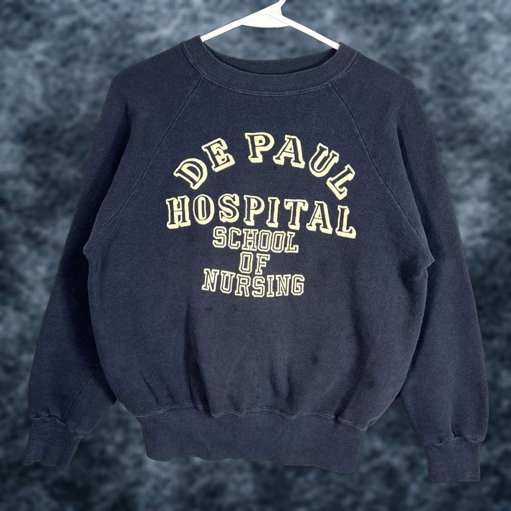 Vintage VINTAGE De Paul Hospital School Of Nursing Sweatshirt Mens Adult S Blue Sweatshirt Pullover Crew Neck Long Sleeve Cotton Blend 60s Pattern Solid Size US S / EU 44-46 / 1 - 1 Thumbnail
