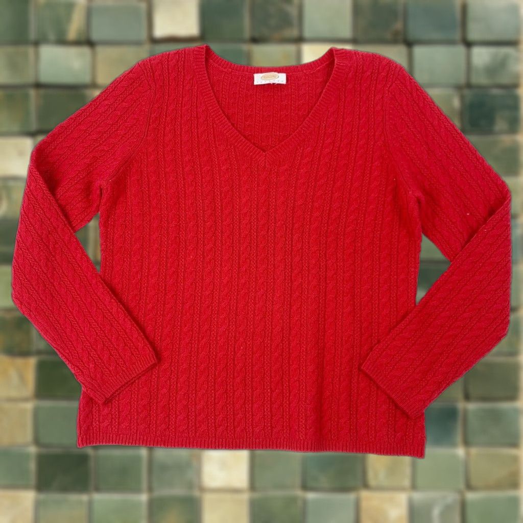 Talbots VINTAGE Talbots Petites Red Cable-Knit V-Neck Sweater Lambswool Blend Large XL Pullover Women Girls Mens? Size XL / US 12-14 / IT 48-50 - 1 Thumbnail
