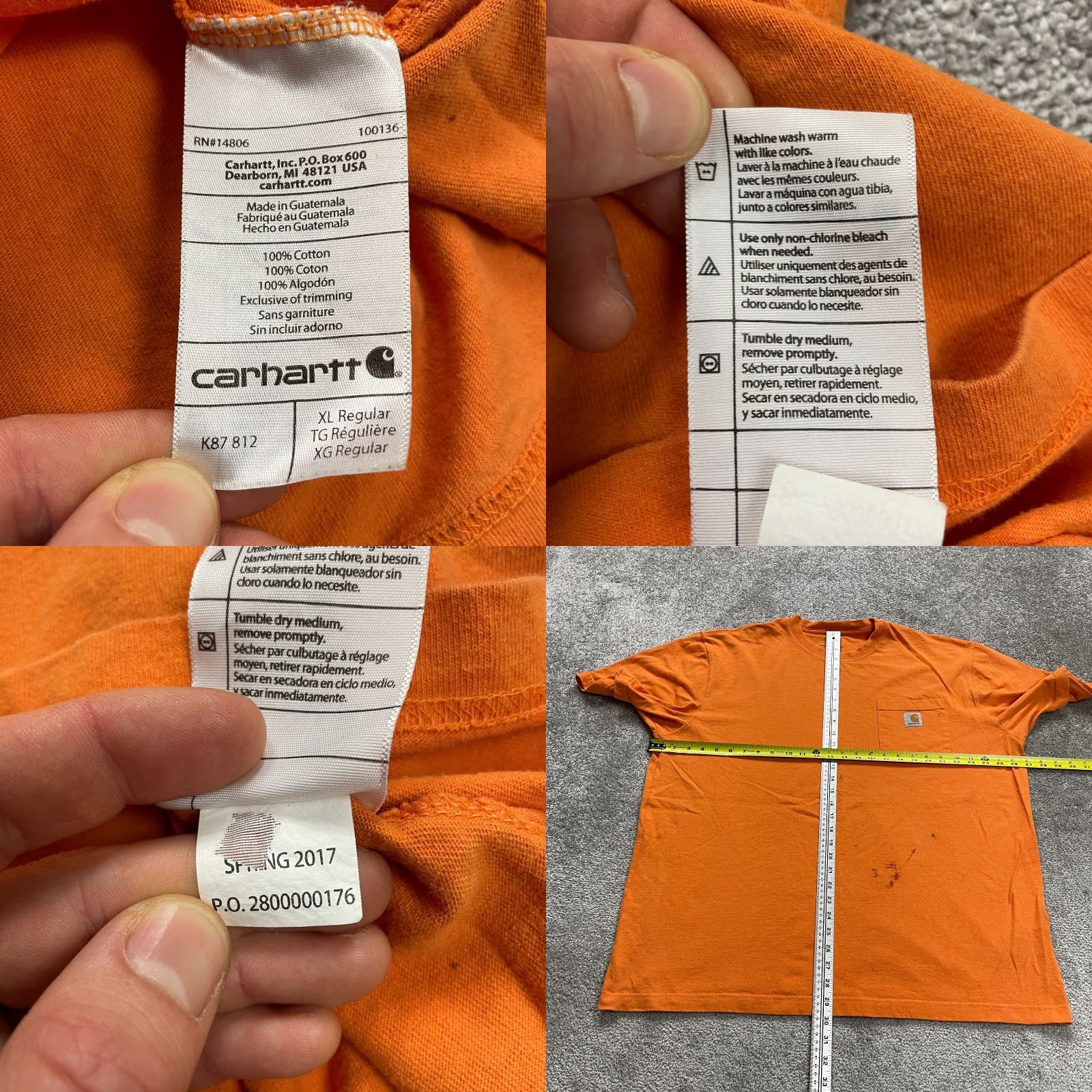 Carhartt VINTAGE Carhartt K87 Original Fit T-Shirt Mens XL Orange Crew Neck Pocket Cotton Size US XL / EU 56 / 4 - 8 Thumbnail