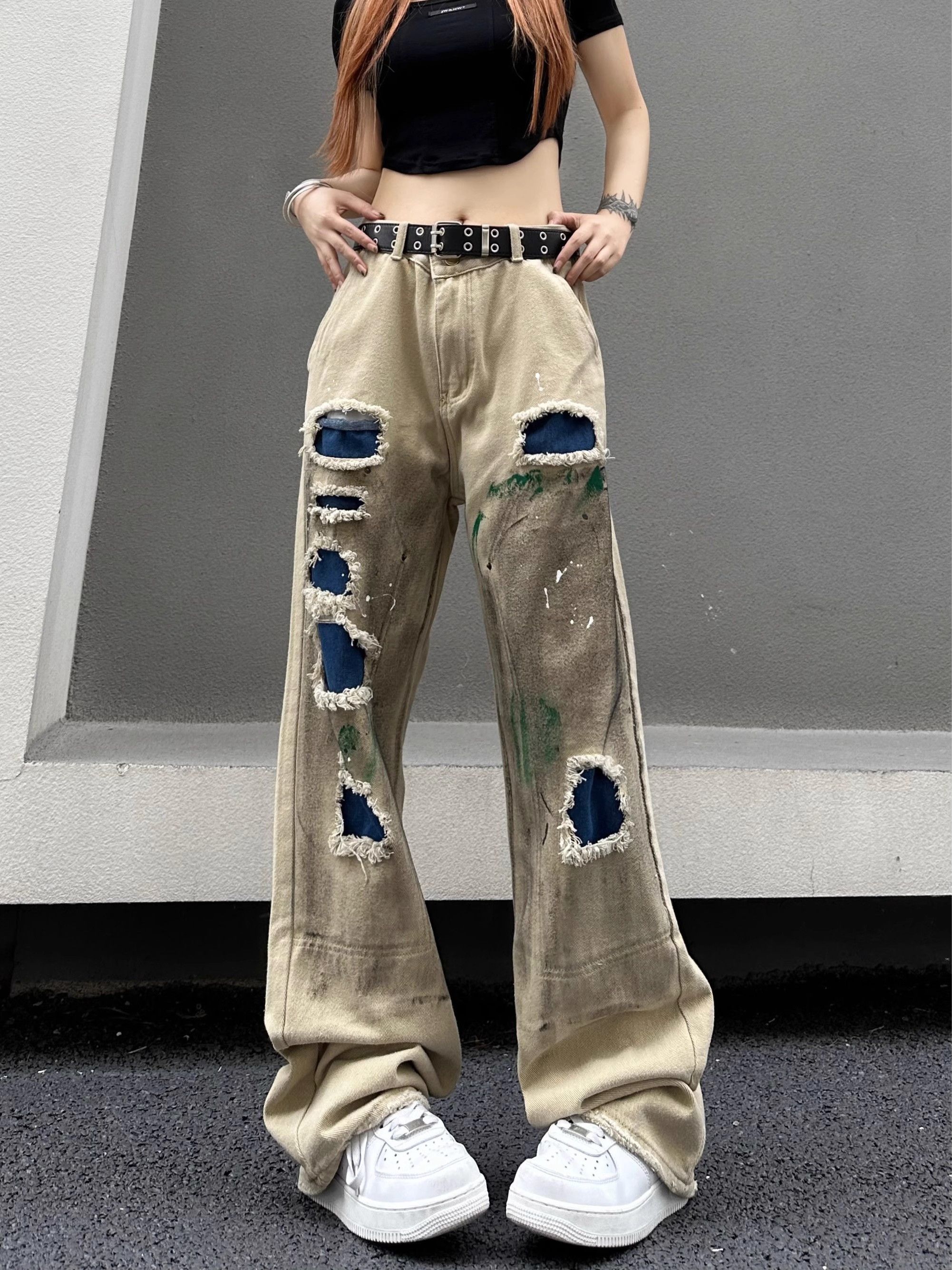 image of Straight And Distressed Contrasting Jeans in Khaki, Men's (Size 32)