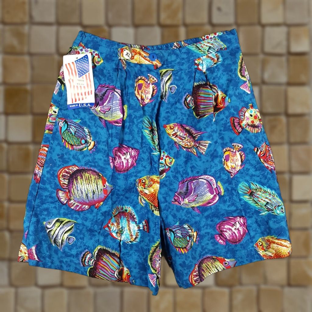 Vintage VINTAGE Infinity Chic 80s Tropical Fish Beach Shorts XL Relaxed Blue AOP Preppy 90s Mens Size 40" / US 18 - 1 Thumbnail