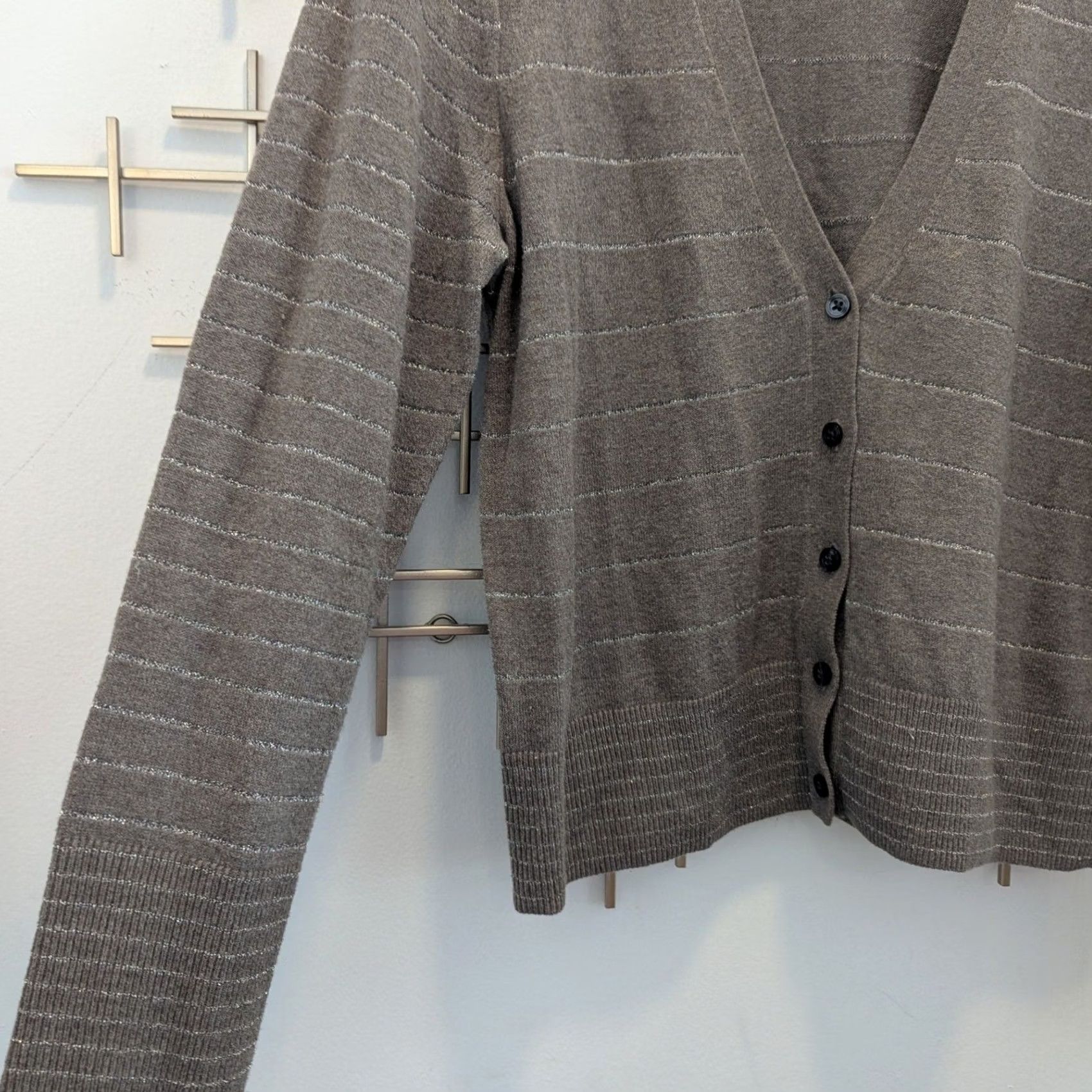 American Eagle Outfitters American Eagle Women's XL Cardigan Sweater Grey Metallic Stripe V Neck Y2K Size XL / US 12-14 / IT 48-50 - 3 Thumbnail