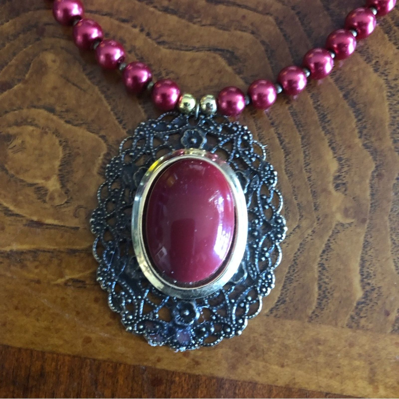 Handmade Handcrafted repurpose red cabochon filigree Pearl necklace Size ONE SIZE - 11 Thumbnail