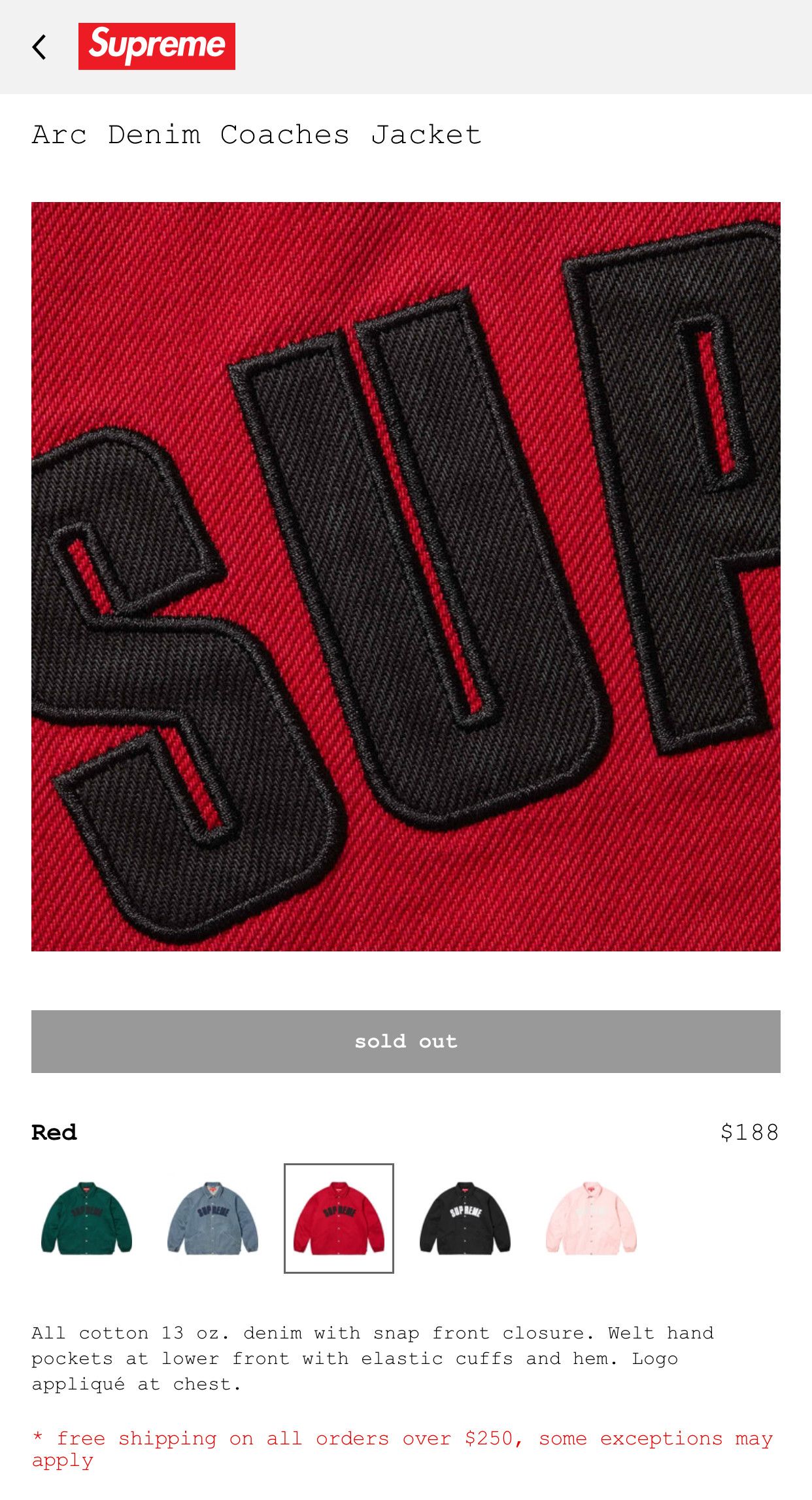 Supreme [In Hand] Supreme Arc Denim Coaches Jacket (SS25) Red M Size US M / EU 48-50 / 2 - 3 Thumbnail
