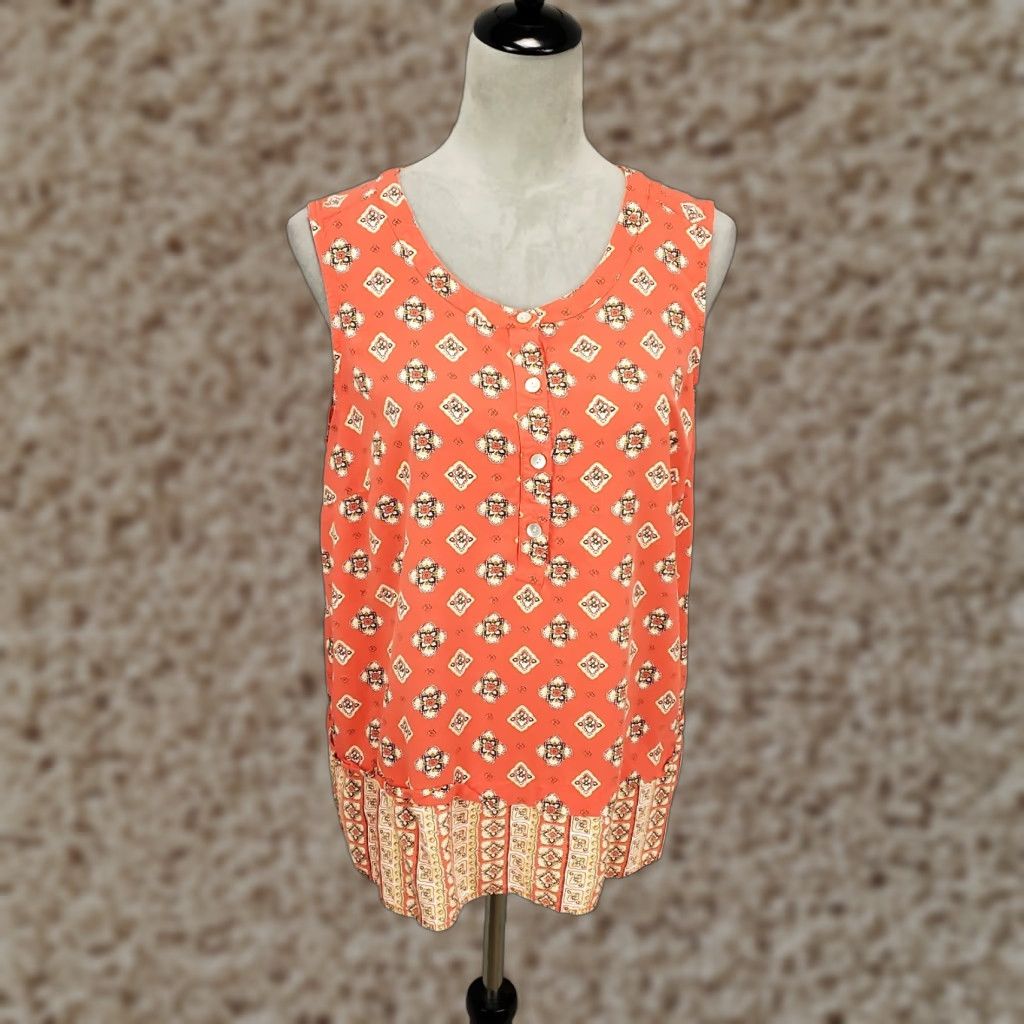 J. Jill J Jill Tank Top Womens Large Pink Orange Geometric 1/4 Button Sleeveless Popover Size L / US 10 / IT 46 - 1 Thumbnail