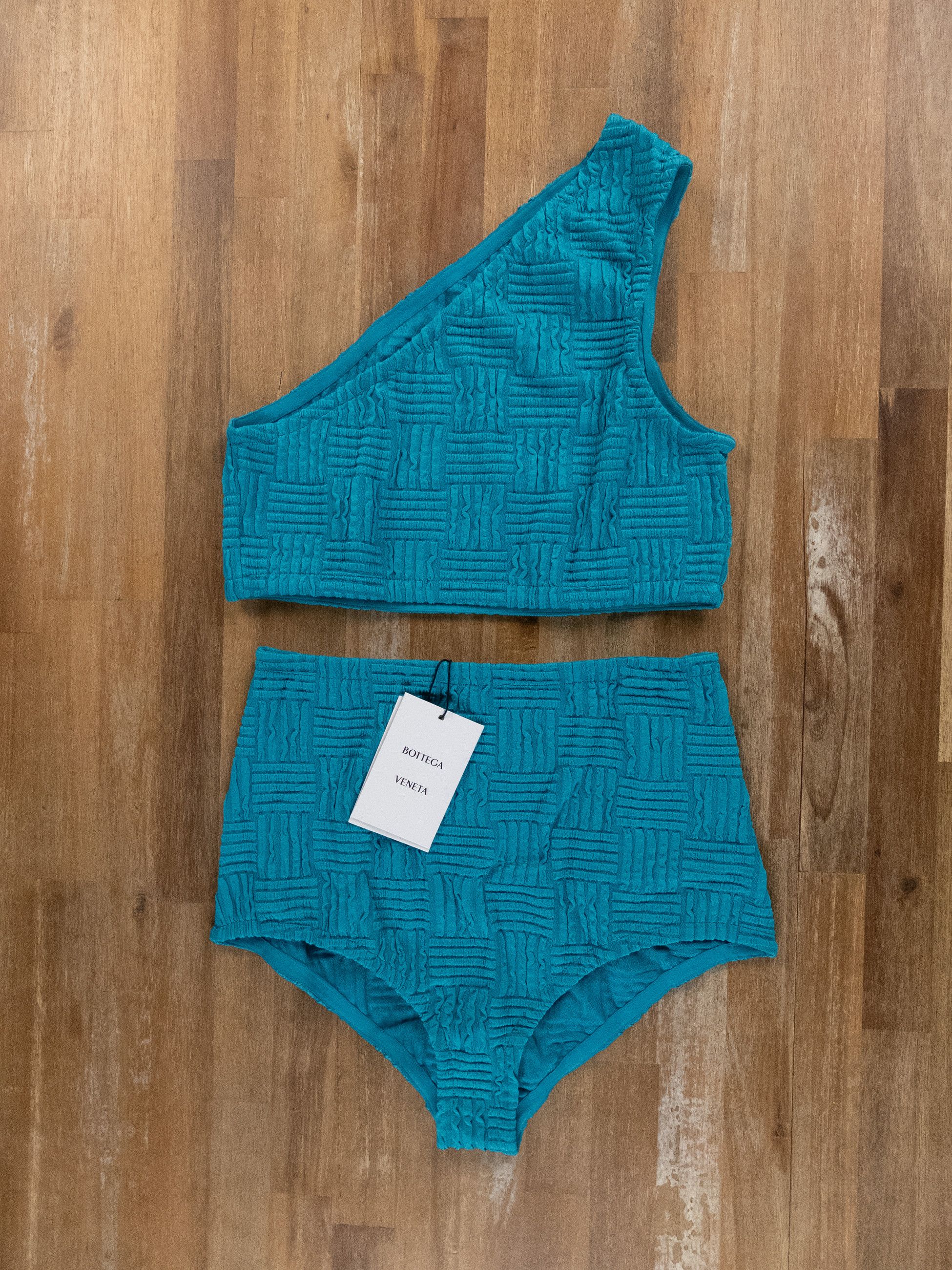 Bottega Veneta BOTTEGA VENETA blue two piece one shoulder bikini swimsuit L Size 30" / US 8 / IT 44 - 4 Thumbnail