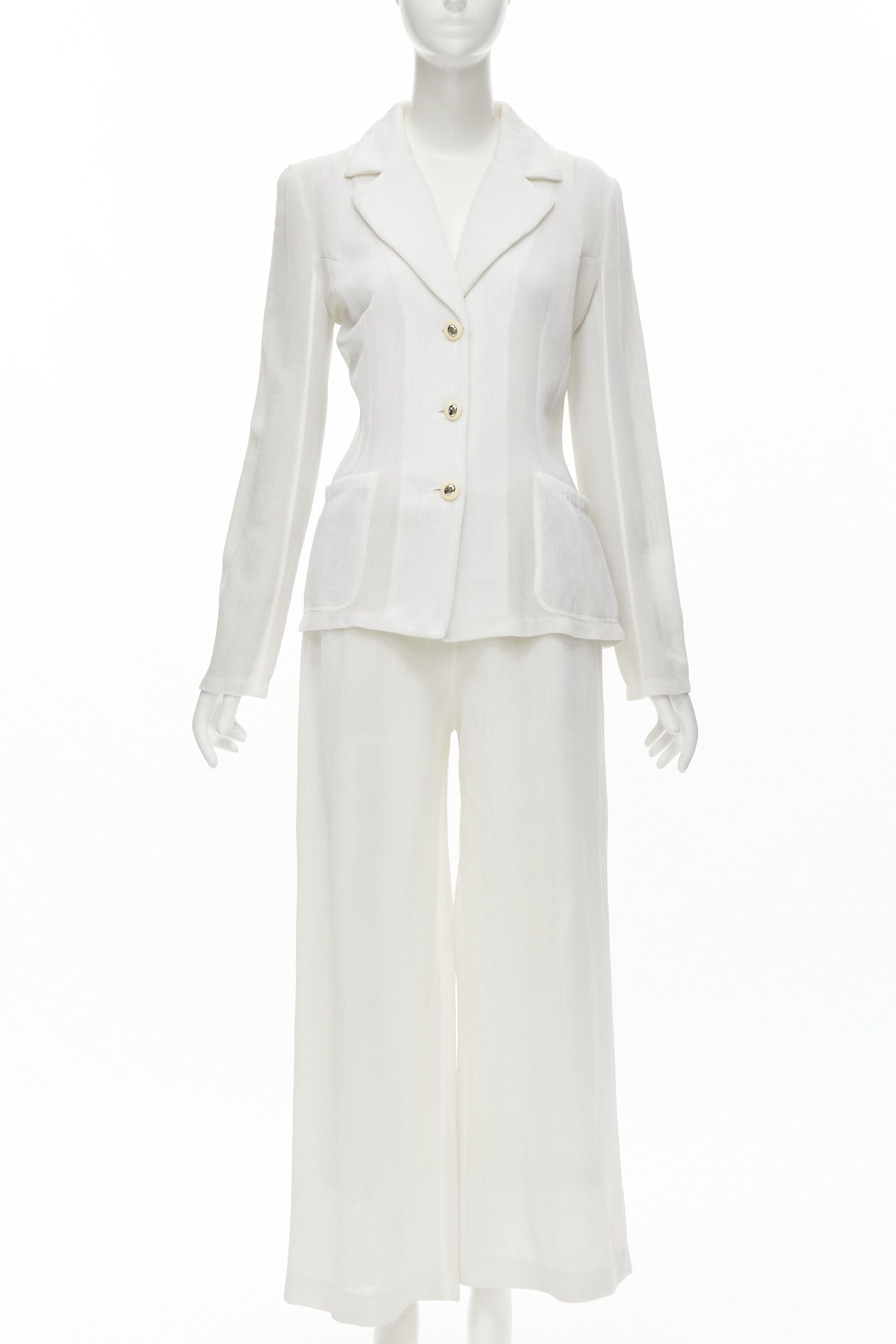 Other MARIOT CHANET white textured logo button fitted blazer wide leg pants IT42 M Size 28" / US 6 / IT 42 - 1 Thumbnail