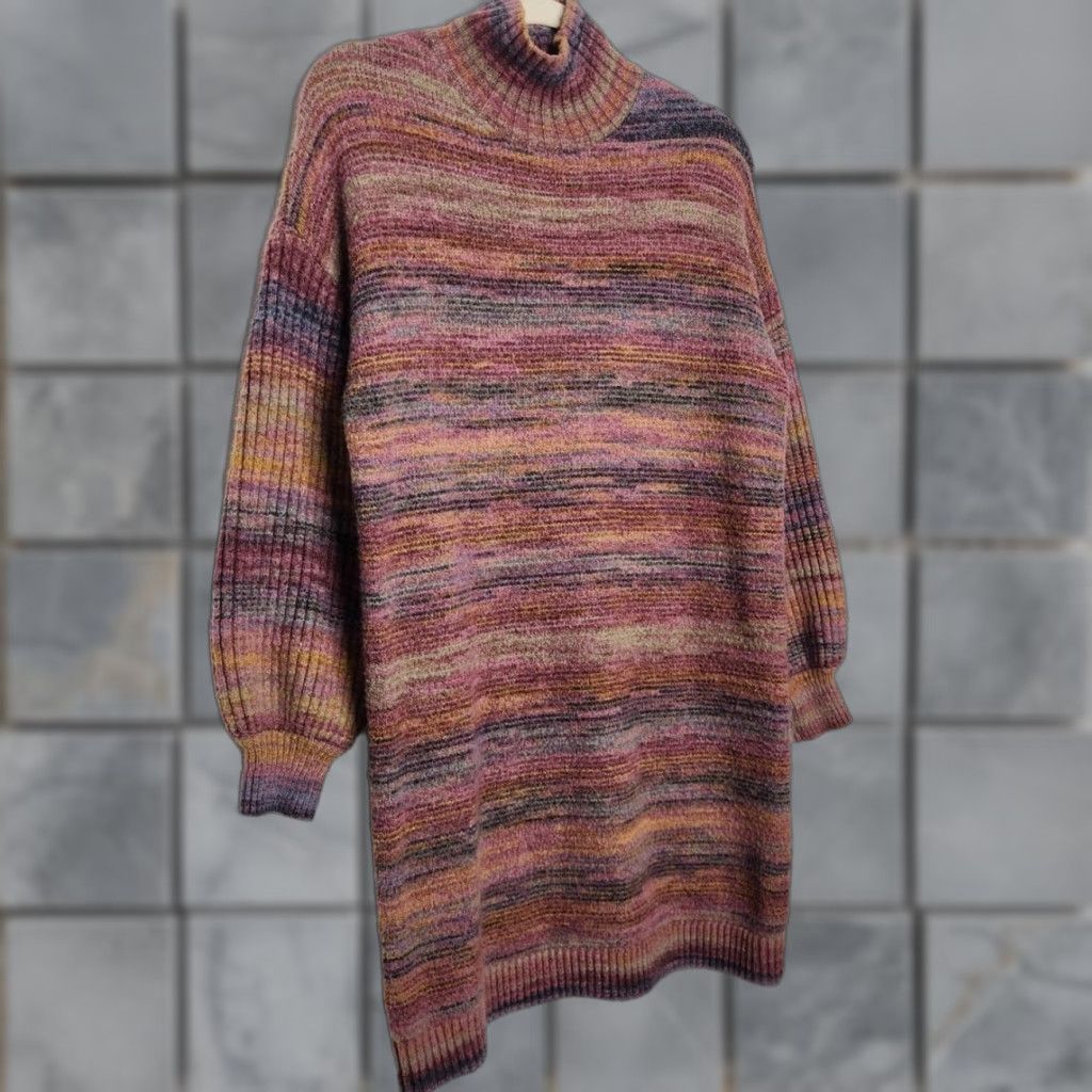 Loft VINTAGE LOFT Striped Mauve Sweater Dress Large Petite Cozy Soft Knit Winter Fall Ladies Size L / US 10 / IT 46 - 1 Thumbnail