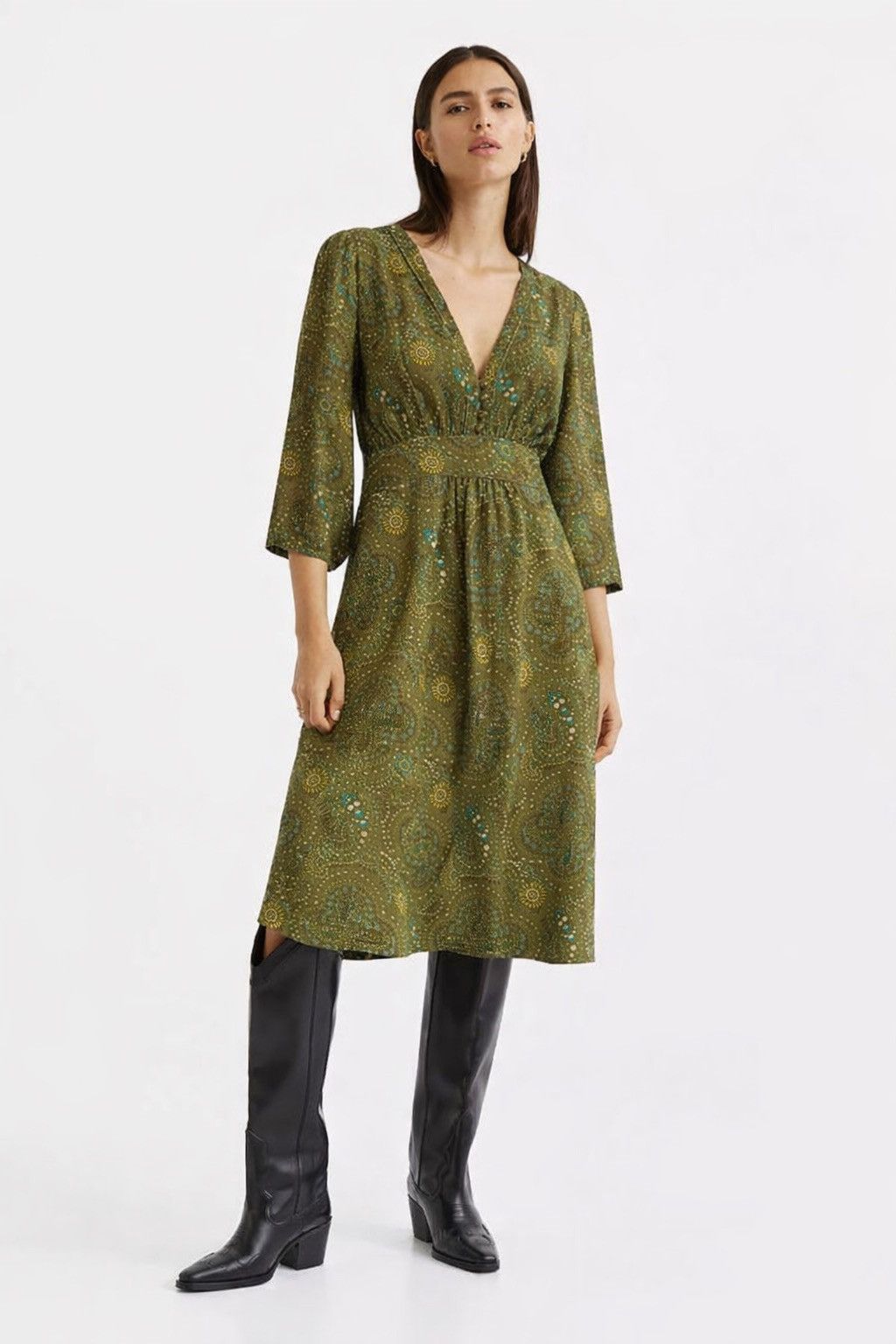 H&M H&M Womens Green Paisley Dress Knee Length V-Neck Boho Size S / US 4 / IT 40 - 1 Thumbnail