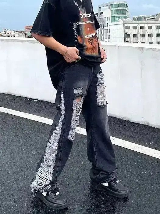 Japanese Brand Black Distressed Baggy Denim Jeans Size US 32 / EU 48 - 6 Thumbnail