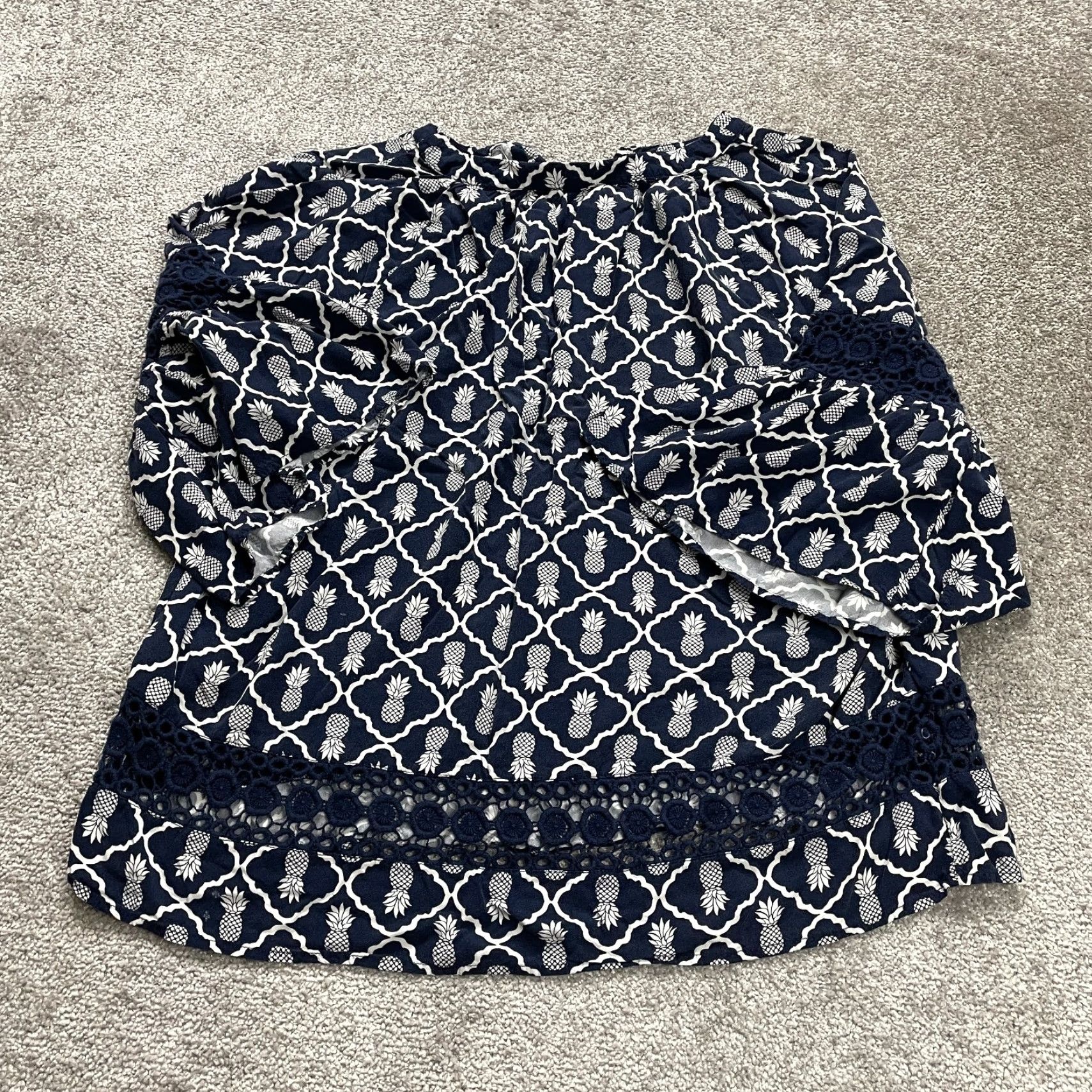 Vintage Crown & Ivy Blouse Womens XL Blue Pineapple Bell Sleeve Lace Casual Size XL / US 12-14 / IT 48-50 - 2 Thumbnail