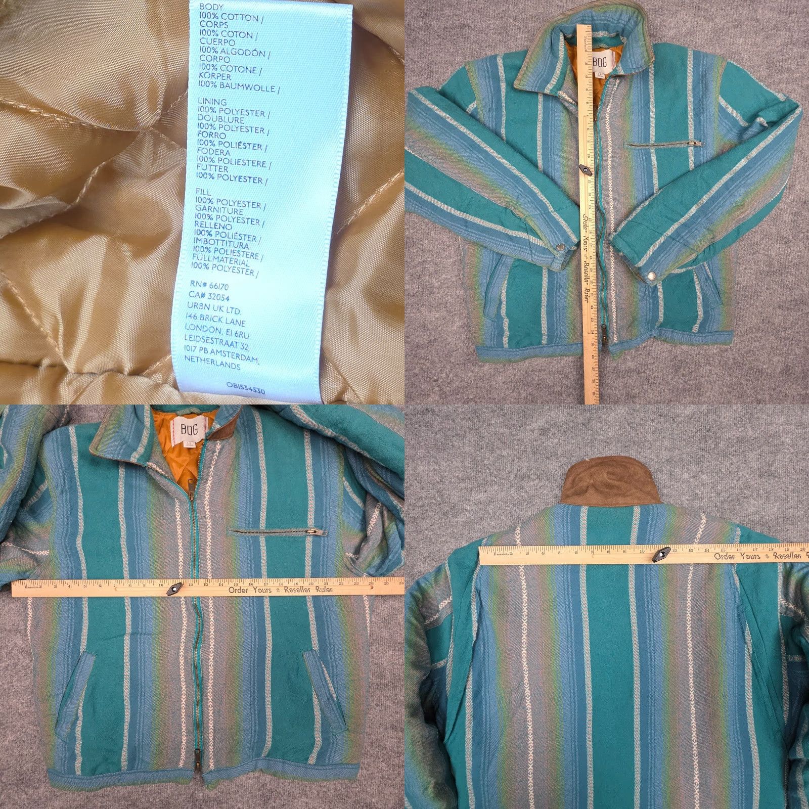 Bdg BDG UO Brushed Stripe Work Jacket Men Large Green Aztec Southwest Zip Lined Jacket Size US L / EU 52-54 / 3 - 8 Thumbnail